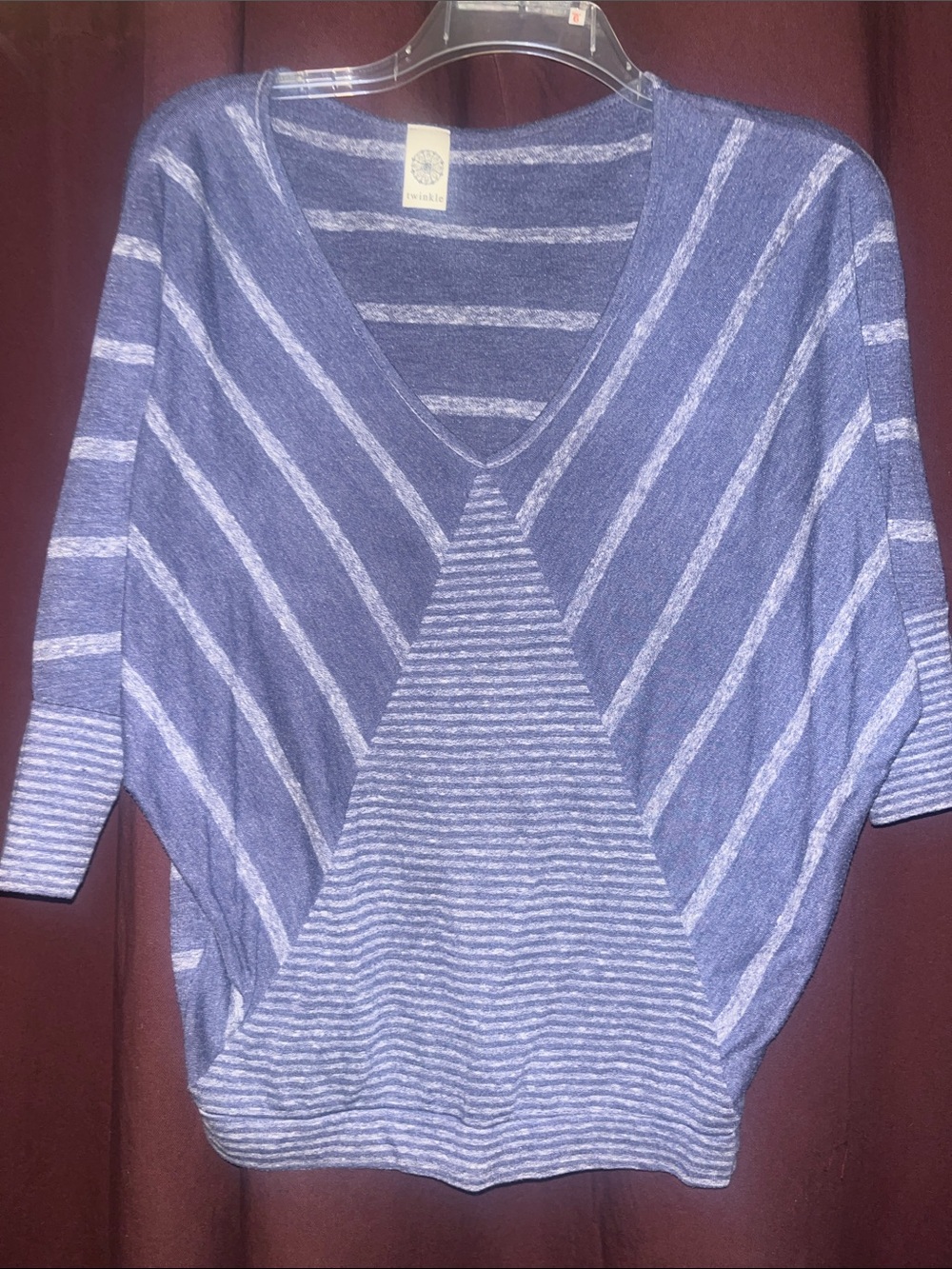 Twinkle by Wenlan Blue and Light Gray Striped V-Neck Sweater